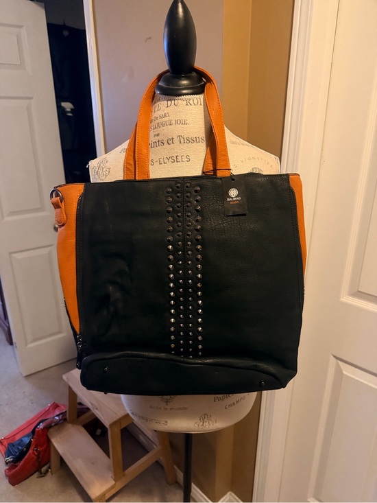 Balenciaga Handbags - Balibag Black and Orange Leather Studded Tote Bag